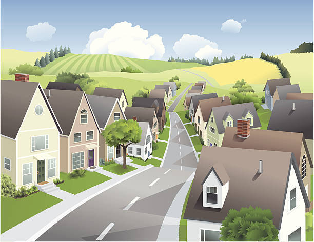 Town and Country A village or suburb sits at the edge of fields and trees in the country. File has multiple layers. rural main street stock illustrations