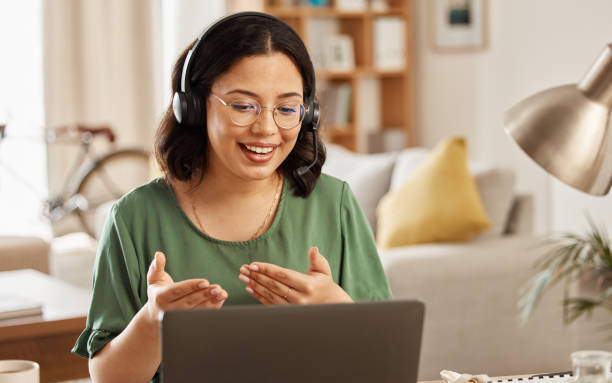 istock Home customer support, laptop video call and woman smile, talking and explain consultation, ecommerce or networking. Freelance, remote work secretary and person chat on online conference conversation 1618152111