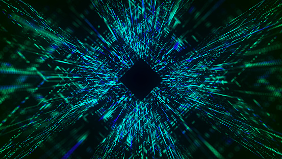 Motion graphic of flying into digital technologic tunnel. 3D render. Abstract digital background. Data flow information. Technology tunnel