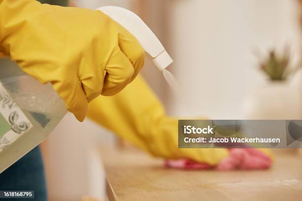 Hand Spray And A Woman Cleaning A Wooden Surface In Her Home For Hygiene Or Disinfection Rubber Gloves Product And Bacteria With A Female Cleaner Using Detergent To Spring Clean In An Apartment Stock Photo - Download Image Now