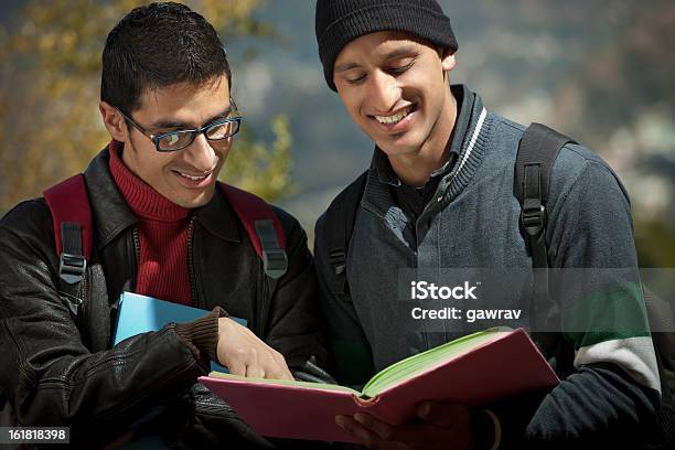 Two Young Adult College Students Discussing Something In A Book Stock Photo - Download Image Now