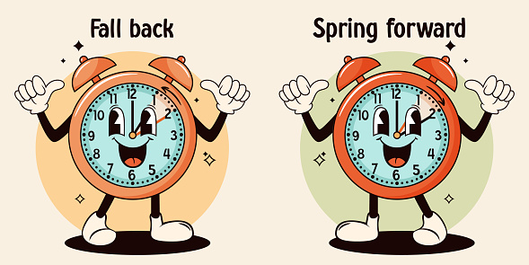 Daylight saving time, fall back illustration. Groovy watch, clock. Vector stock illustration.