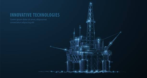 ilustrações, clipart, desenhos animados e ícones de plataforma de petróleo. plataforma de plataforma flutuante 3d abstrata isolada em azul. plataforma de gás, perfuração offshore, planta de refino, indústria petrolífera - oil crane oil rig derrick crane