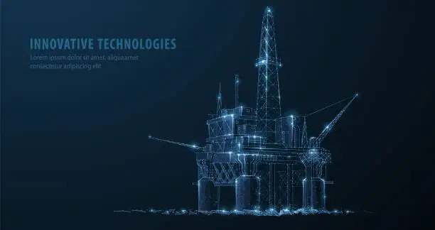 Vector illustration of Oil rig. Abstract 3d floating rig platform isolated on blue. gas platform, offshore drilling, refinery plant, petroleum industry