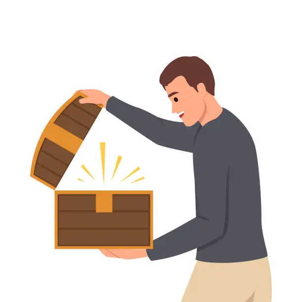 Vector illustration of Man with open chest filled with treasures or jewels for concept of lucky find and luck. Delighted guy holds wooden chest with rays of light illuminating face