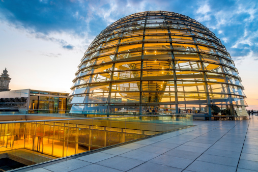 Illuminated Reichstag Dome at Twilight. 