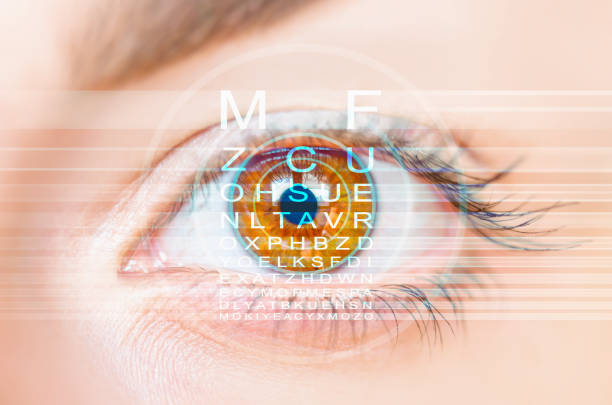 istock Close up of an eye and vision test 1618219608