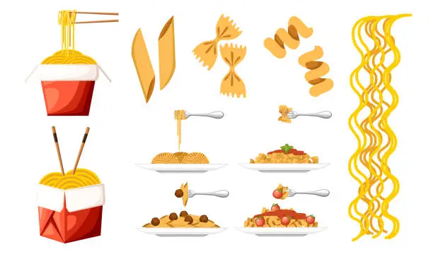 Vector illustration of Collection of pasta and noodle vector illustration on white background