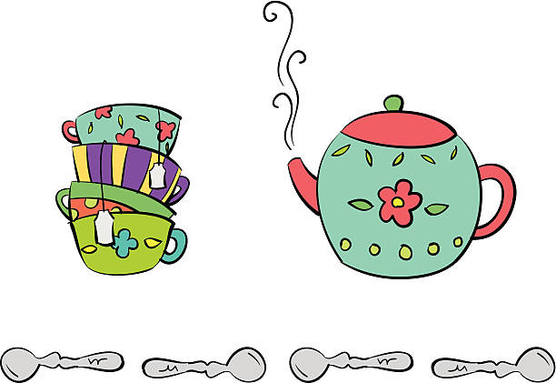 Teacups e Bule de Chá - ilustração de arte vetorial