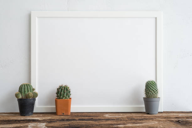 istock Black photo frame on old wooden table with cactus over white wall background. 1618242037