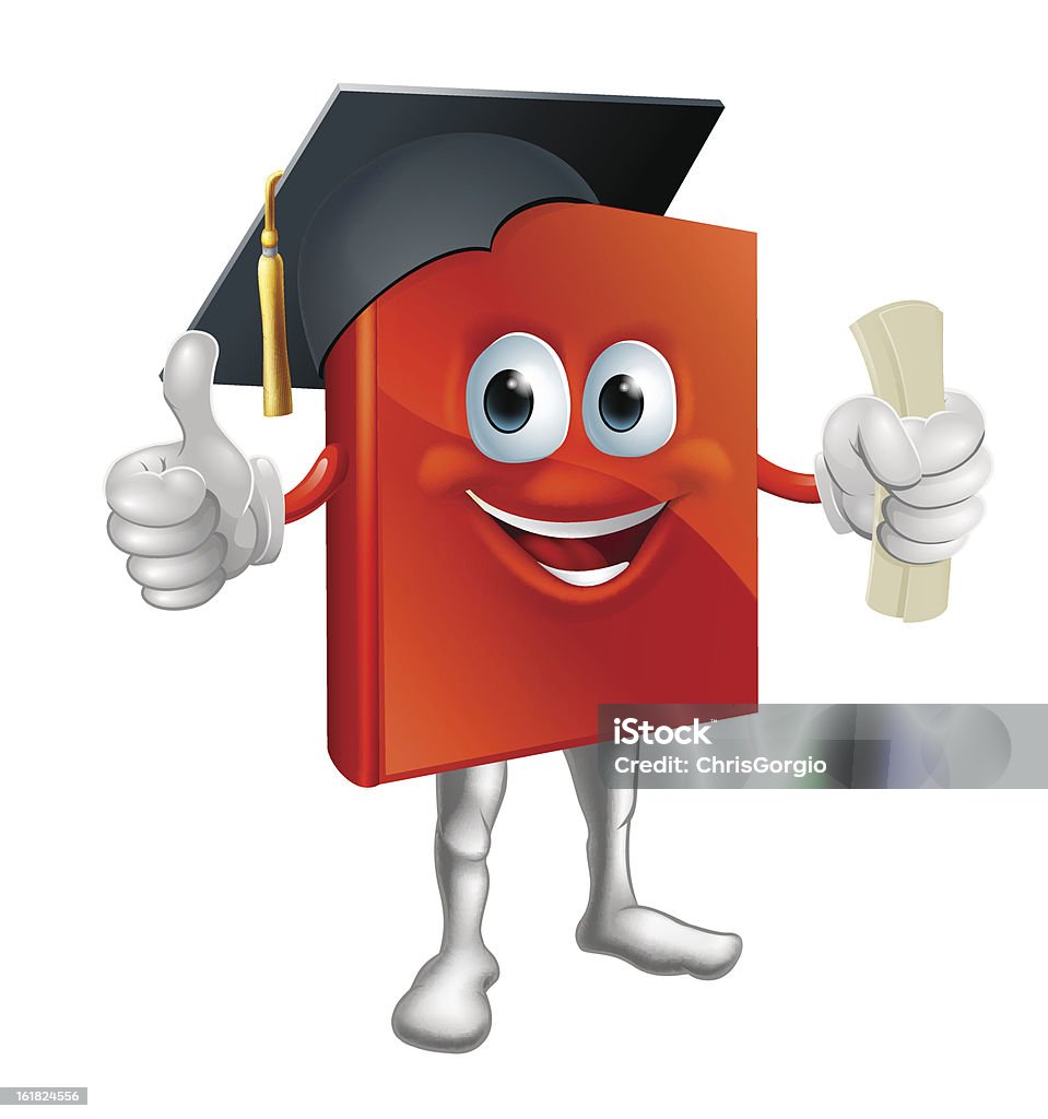 Graduation book mascot Cartoon graduation book education mascot giving thumbs up, wearing mortarboard hat and holding a diploma. Vector file is eps 10 and uses transparency blends and gradient mesh Graduation stock vector