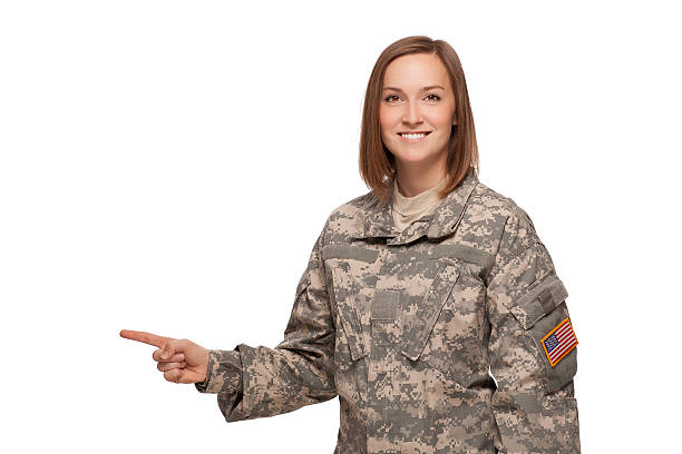 istock Female soldier pointing to her right 161824583