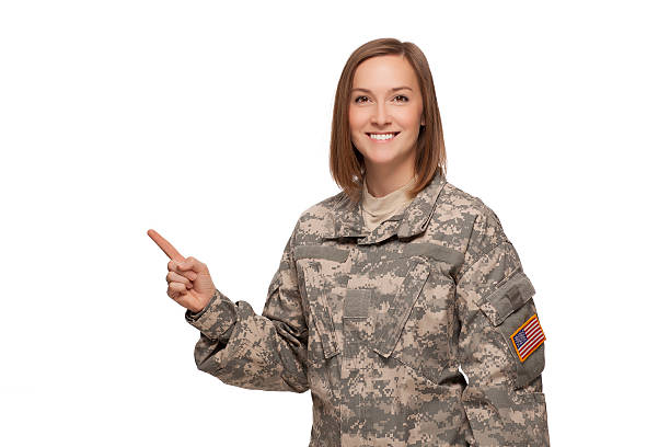 istock Female soldier pointing up 161824586