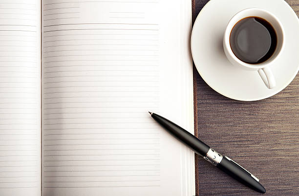 istock Open blank white notebook, pen and coffee on the desk 161824725