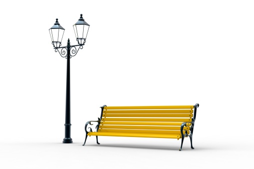 A garden bench and a street lamp. Isolated. Very high resolution 3d render.