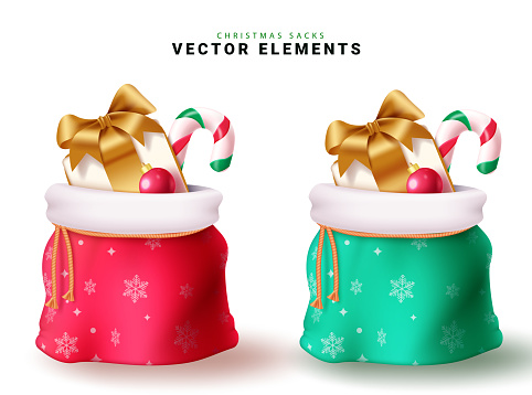 Christmas sacks elements set vector design. Christmas sack collection for holiday season gift giving present and surprise elements. Vector illustration santa sacks elements collection.