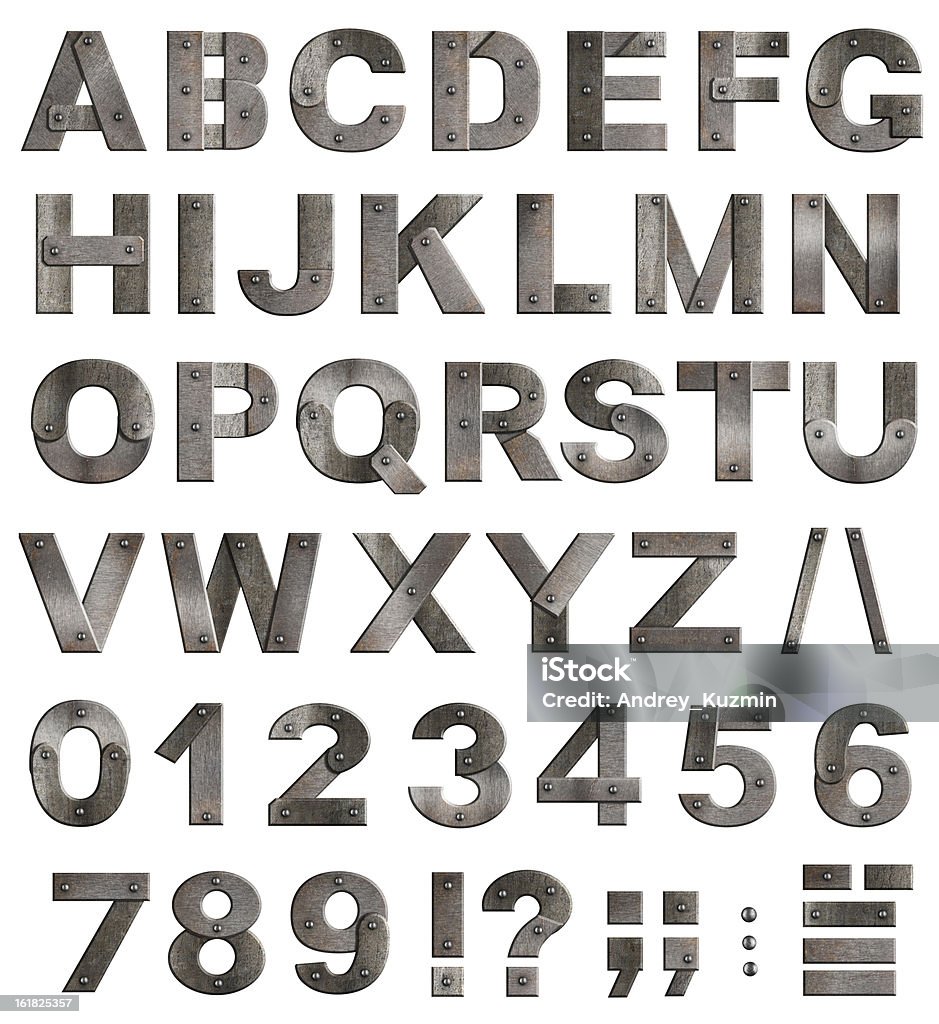 Voll alt Metall-alphabet Buchstaben, Ziffern und Satzzeichen - Lizenzfrei Metall Stock-Foto