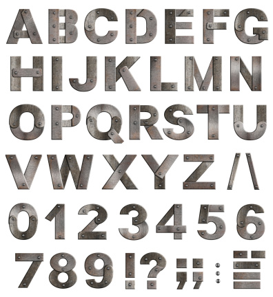 old metal alfabeto letras completo, dígitos y puntuación marcas photo