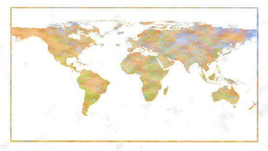 Global gold colorful mineral map and  white marble background and golden border
