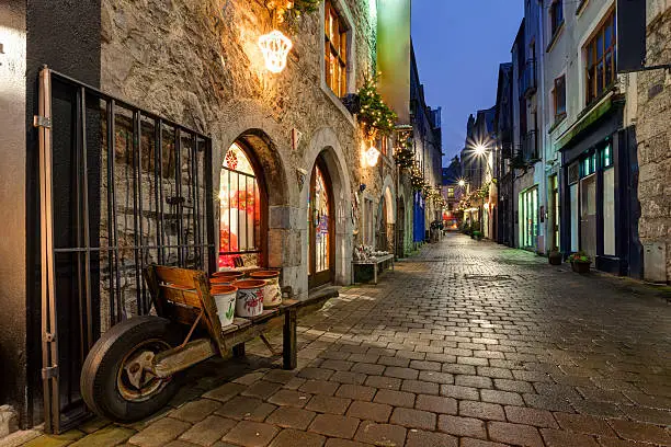 Old street in Galway, Kerwan's Lane, decorated with christmas lights, night scene