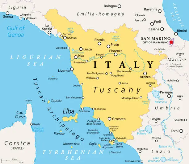 Vector illustration of Tuscany, region in central Italy, with Tuscan Archipelago, political map