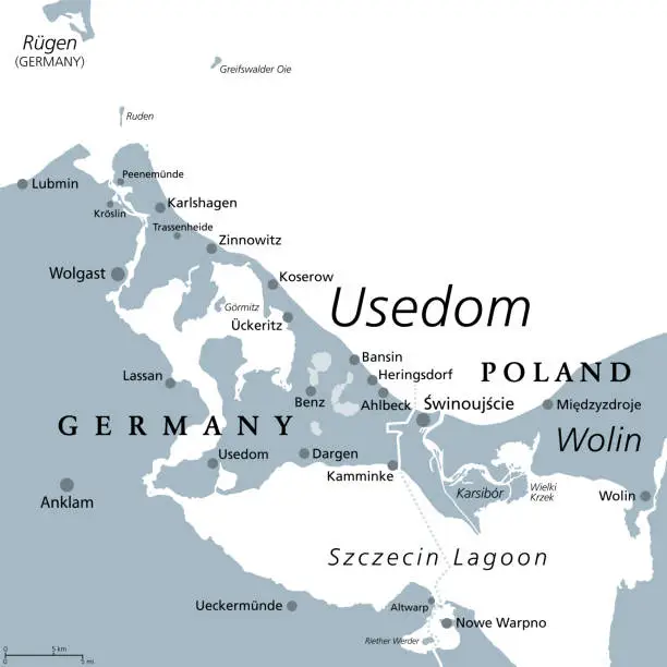 Vector illustration of Usedom, Sun Island in Pomerania in the Baltic Sea, gray political map