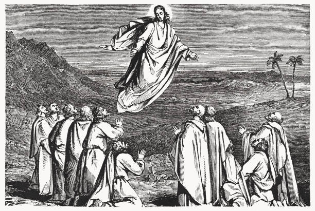 Ascension of Jesus (Acts 1), wood engraving, published in 1837 Ascension of Jesus (Acts 1). Wood engraving, published in 1837. heaven and jesus drawing stock illustrations