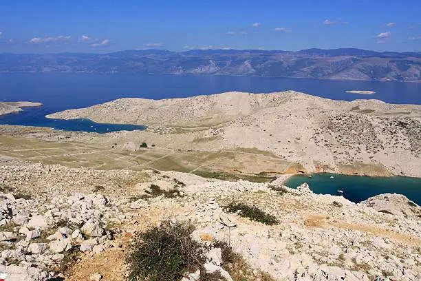 This photo shows the two beaches Mala Luka (left side) and Vela Luka (right side) on the island Krk in Croatia.