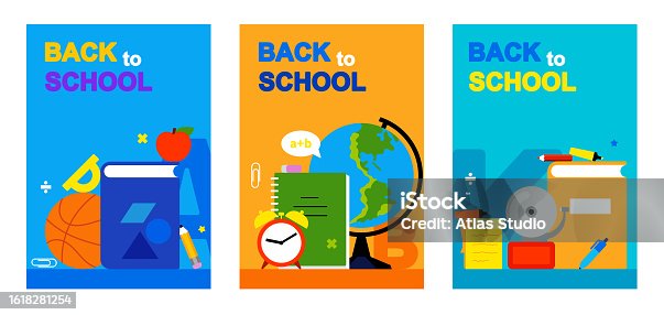 istock School backgrounds for poster, cover, banner. School supplies - stationery, textbook, globe, book, pencils, pen, alarm clock, symbols and elements. Solid color backgrounds. Set of minimalist vector illustrations. 1618281254