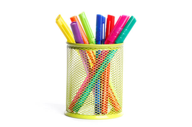 Collection background of pens and pencils on wooden surface. Conceptual image about the work tools of writers, journalist and graphic artists