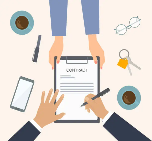 Vector illustration of Top View Of Female Hands Holding Real Estate Purchase Agreement And Businessman Signing The Contract. Renting Or Buying Home