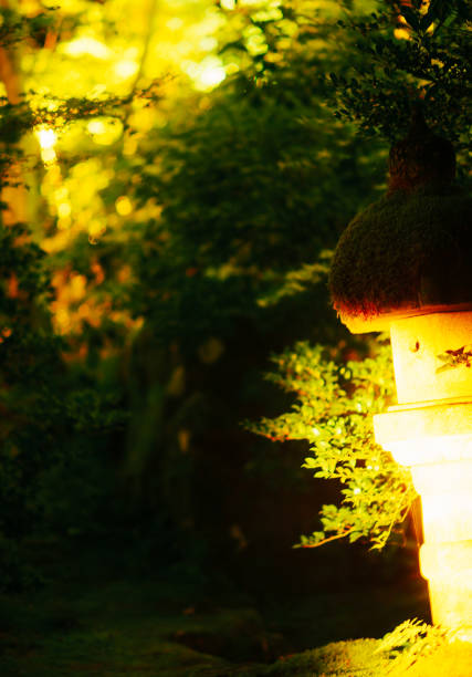 Weathered stone lantern stands serenely amidst a vibrant green landscape, evoking a sense of tranquility and traditional japanese aesthetics