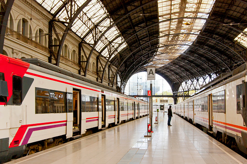 Railway station,  estación de Francia, Estació de França with stationary commuter trains in Barcelona city, Catalonia, Spain .