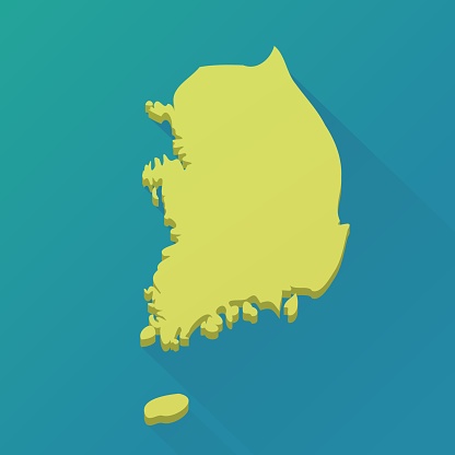 Yellow South Korea 3D map in flat design style isolated on a blue background with shadow