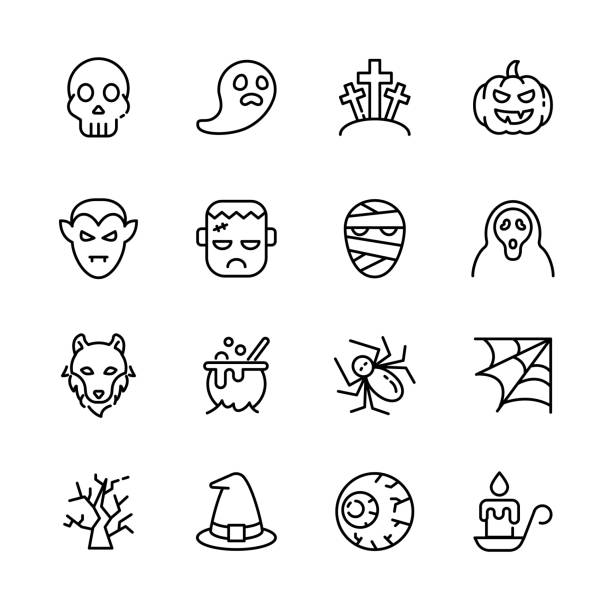 Halloween event  thin line icons set,  example sign of horror,  pumpkin, ghost, skull, trick or treat. vector illustration vector art illustration