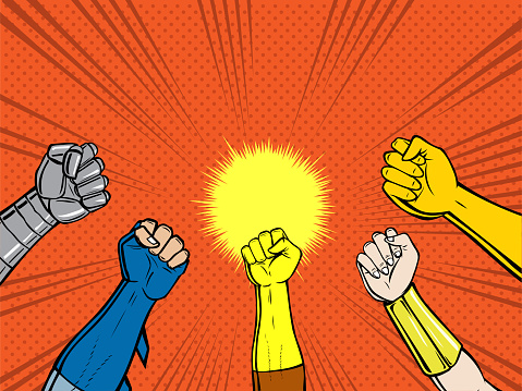 Vector Pop Art Superhero Fists up in the Air Stock Illustration