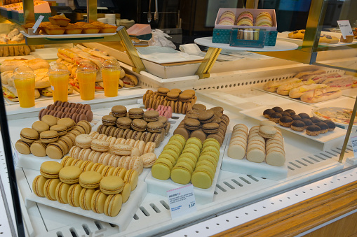 Various flavors of French macaron desserts.