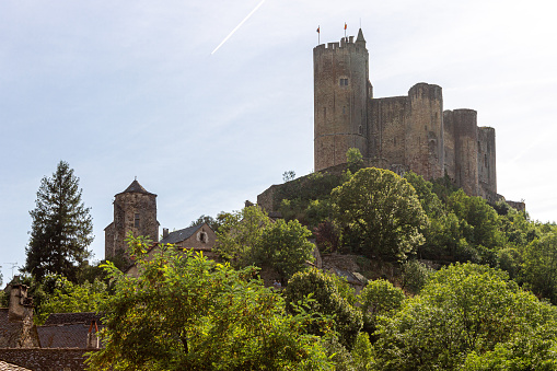 Najac, France. A beautiful village in the Aveyron department with medieval historical buildings and architecture and a partly ruined castle