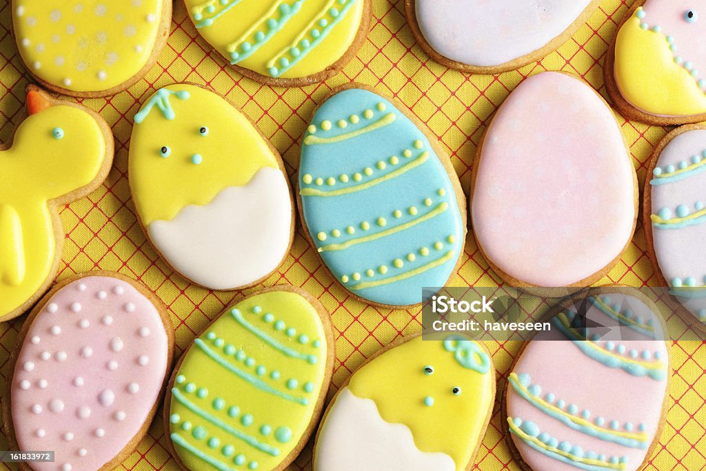 Easter homemade gingerbread cookie Easter homemade gingerbread cookie over tablecloth Backgrounds Stock Photo