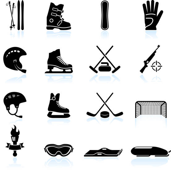 winter sport kleidung schwarz und weiß, vektor icon-set - skiing ski winter sport freestyle skiing stock-grafiken, -clipart, -cartoons und -symbole