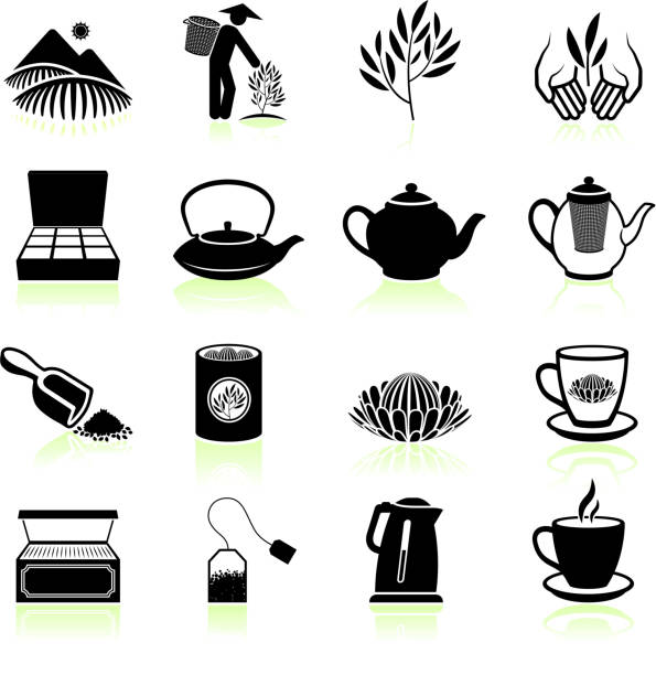 frischer tee black & weiß lizenzfreie vektor icon-set - tea cup tea green tea chinese tea stock-grafiken, -clipart, -cartoons und -symbole