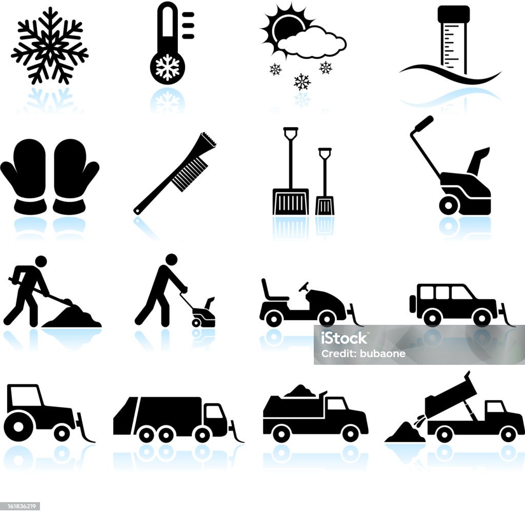 Tormenta de nieve y eliminación negro & conjunto de iconos de vector blanco - arte vectorial de Soplador de nieve libre de derechos