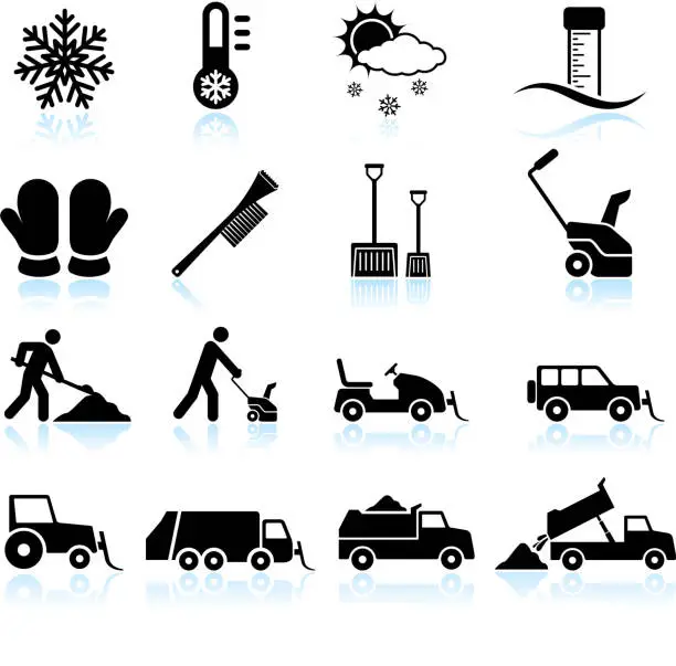 Vector illustration of Snow Storm and Removal black & white vector icon set