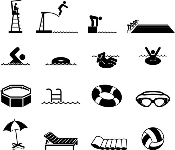 Swimming Pool and summer fun royalty free vector icon set Swimming Pool Black and white Set pool raft stock illustrations