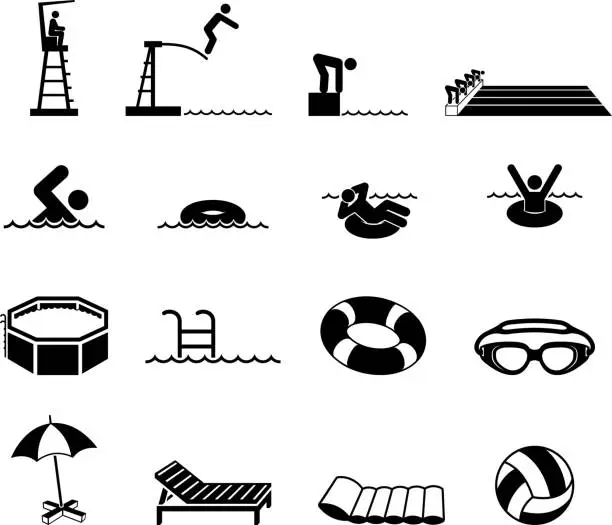Vector illustration of Swimming Pool and summer fun royalty free vector icon set