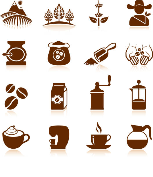 コーヒー栽培農場プランテーションやカフェイン処理のベクトルのアイコンを設定します。 - coffee coffee bean espresso cup点のイラスト素材／クリップアート素材／マンガ素材／アイコン素材