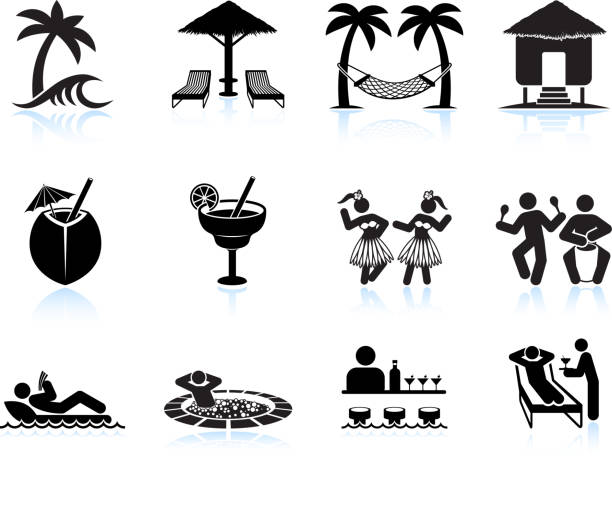 illustrazioni stock, clip art, cartoni animati e icone di tendenza di isola tropicale vacanza icone set in bianco e nero - capanna