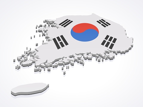 3D map of South Korea in the colors of the South Korean flag isolated on a white background with a shadow