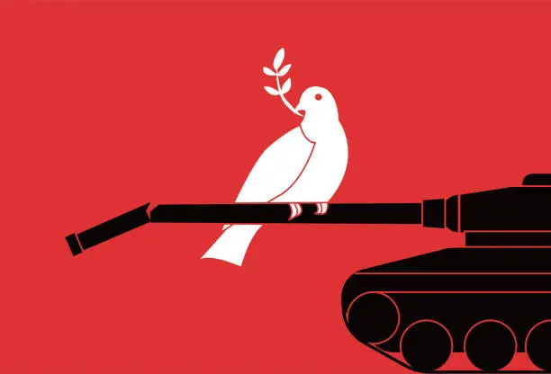 Vector illustration of Anti war poster, Peace Dove standing on top of a dilapidated tank