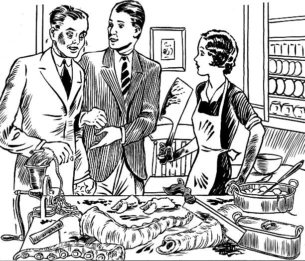 MESSY MEAL This chap has invited one of his friends for tea and made the mistake of inviting him into the kitchen to meet the wife! 1940s style stock illustrations